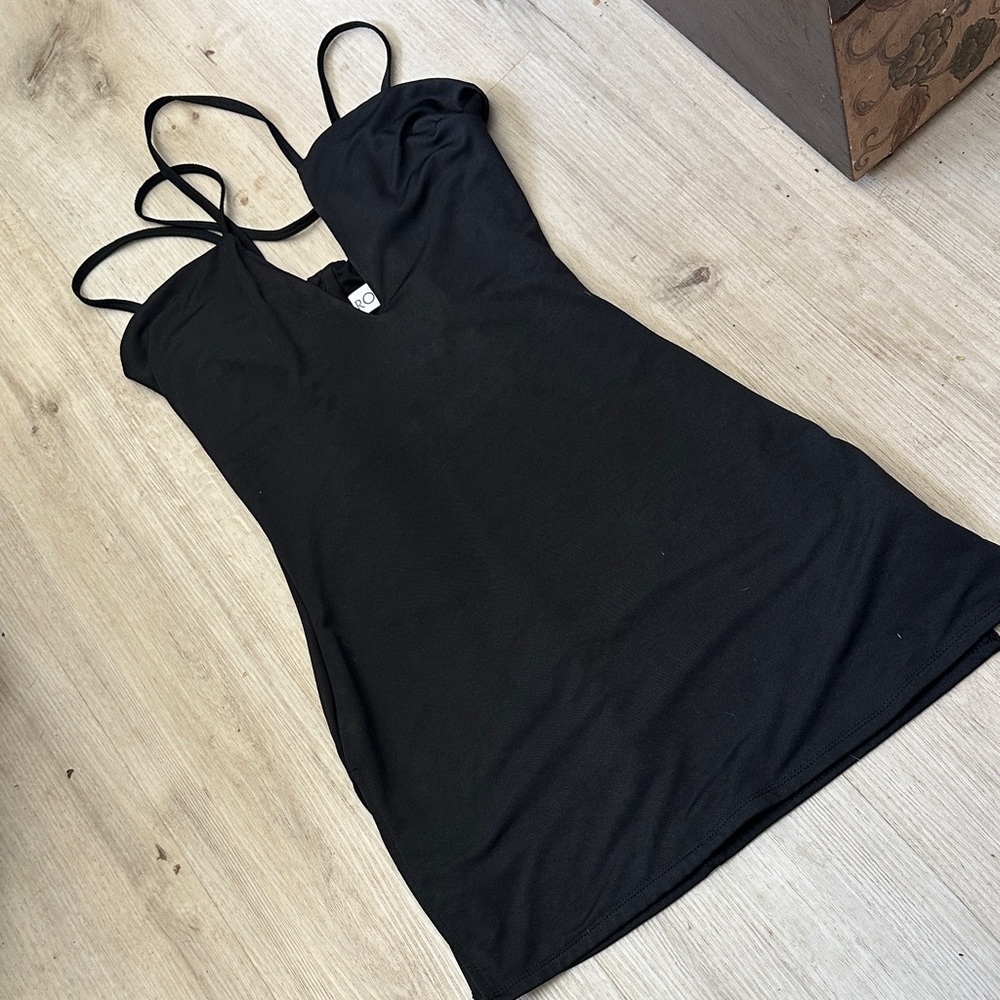 Roma sexy black strappy Dress with slits and plunging neckline size medium